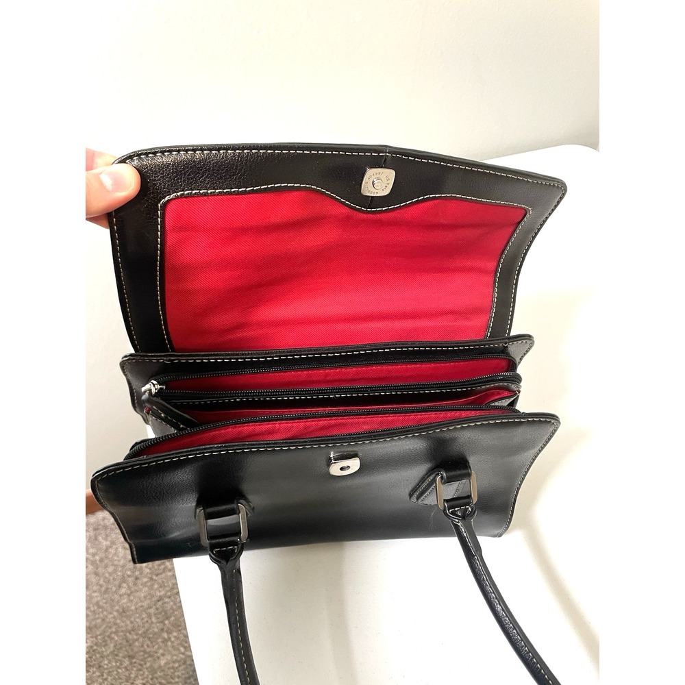 Liz Claiborne Double Top Handle Black Leather Handbag Purse Satchel Red‎ Zipper - Picture 8 of 15